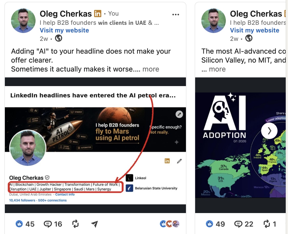 Real LinkedIn posts by Oleg Cherkas showing reactions and comments