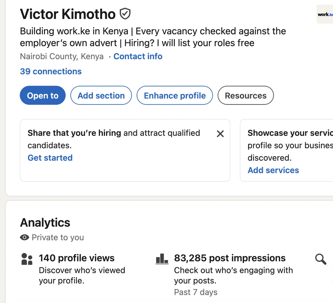 LinkedIn analytics for Victor Kimotho showing 83,285 post impressions in the past 7 days
